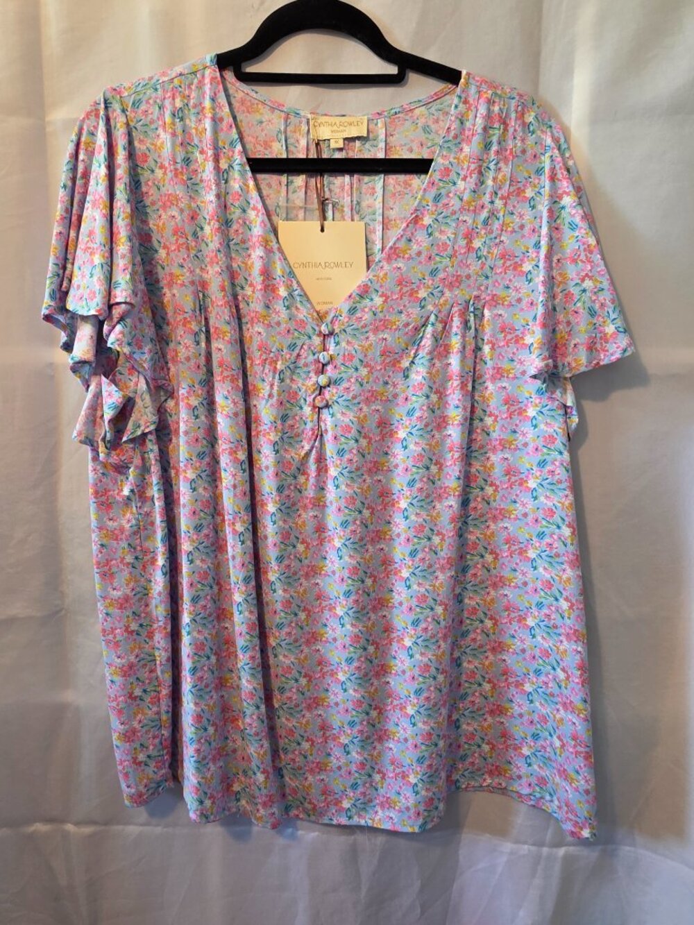 Cynthia Rowley Top Womens 1X Blue Multicolor Ditsy Floral Casual Blouse